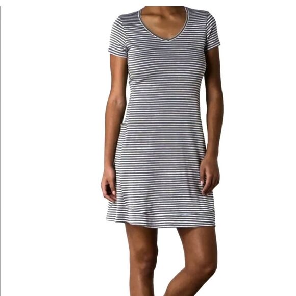 Toad & Co Marley Dress Gray White Striped Short Sleeve V-Neck Women's Size Small - Picture 1 of 12